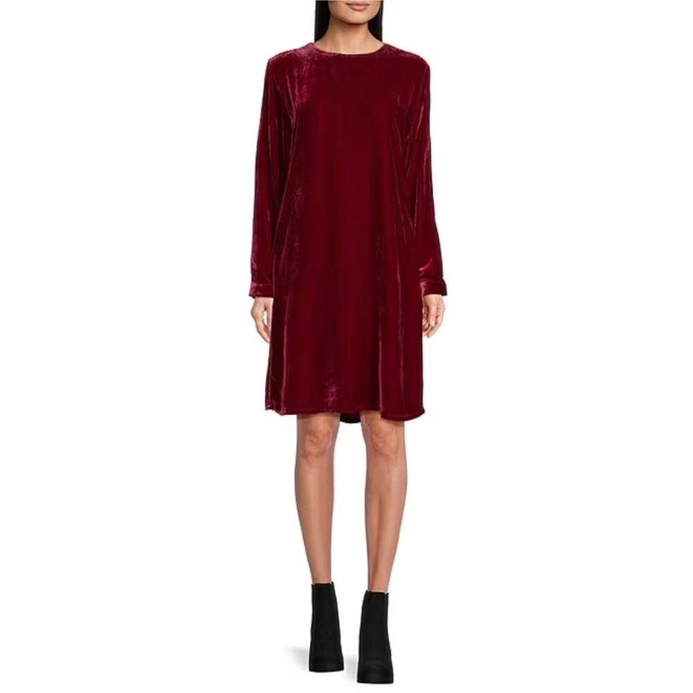 Eileen Fisher Dress Red Silk Blend Velvet Round Neck Long Sleeve Small